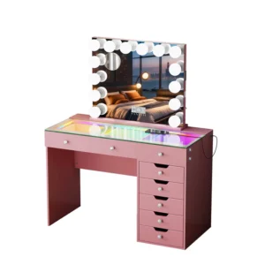 Promotion Deal!VANITII Diana Vanity Desk Set- 8 Storage Drawers with Vanity Mirror | Pink