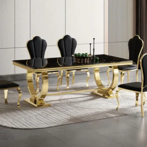 Modern Dining Table with 20mm Marble Top | Gold Finish-Black Marble | 6 Stainless Steel Dining Chairs