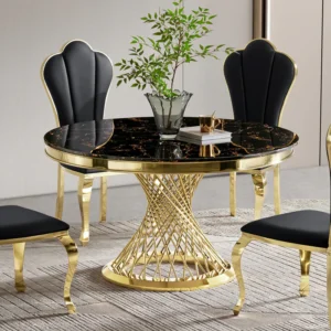 Durable Dining Table with Marble top | Gold Finish-Black Marble | 4 Mirror Gold Finish Dining Chair
