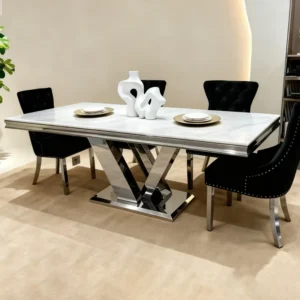 Stainless Steel Dining Table with Marble  | 4 High cost-performance Velvet Fabric Vanity Chairs