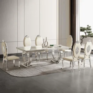 Modern Dining Table with 20mm Marble Top | Silver Finish-White Marble | 6 Stainless Steel Dining Chairs