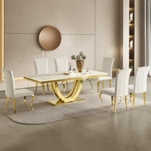 Modern Dining Table with Marble SET |  GOLD Finish-White Marble | 6 White Fabric Dining Chairs