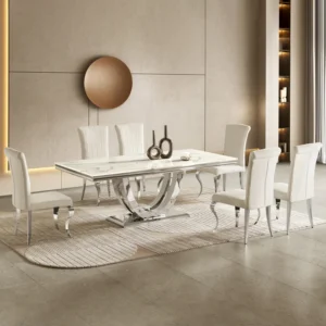 Modern Dining Table with Marble SET |  Silver Finish-White Marble | White Fabric Dining Chair 6 CHAIR