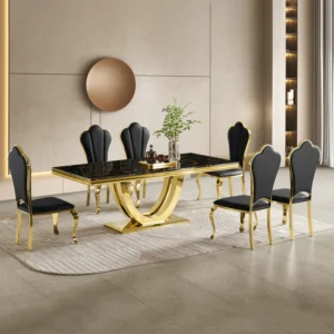 Modern Dining Table with Marble SET |  BLACK Finish-White Marble | 6 Mirror Gold Finish Dining Chair