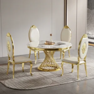 Durable Dining Table with Marble top | Gold Finish-White Marble | 4 Stainless Steel Dining Chair