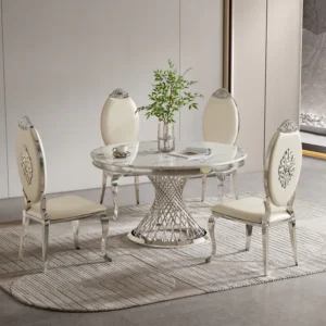 Durable Dining Table with Marble top | Silver Finish-White Marble | 4 Stainless Steel Dining Chair